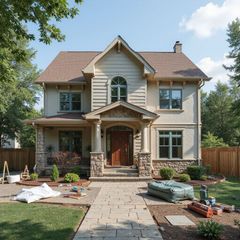 A two-story light-colored house with a gabled roof, stone-column porch, and landscaping, with construction materials on the lawn.