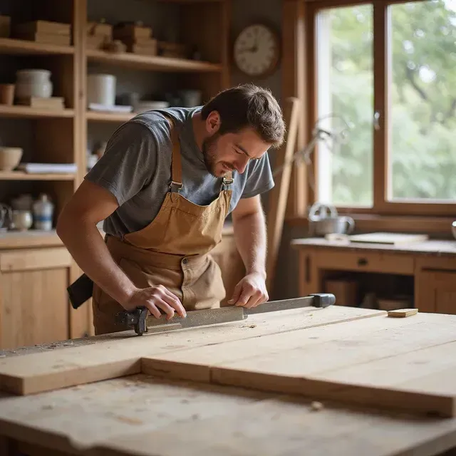 A man in a woodworking shop measures wood on a workbench with a ruler.