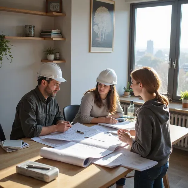 Two men and a woman in white hard hats review blueprints at a table.
