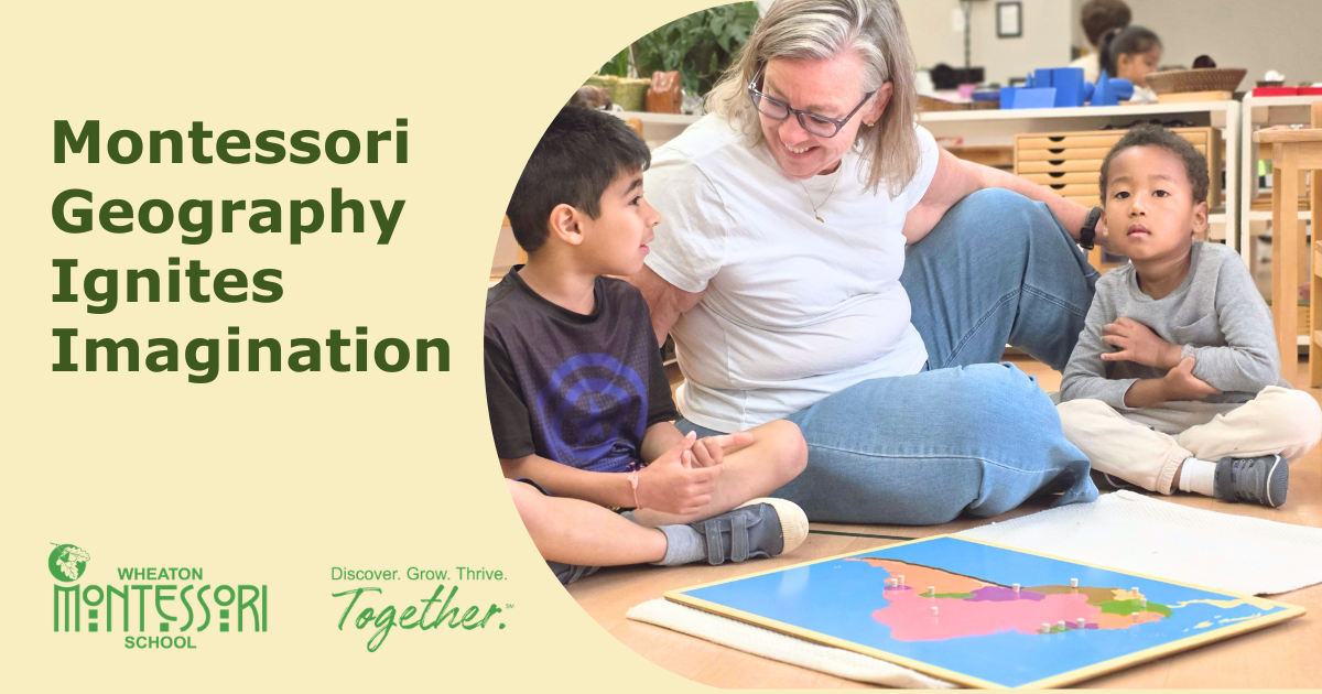 Montessori teacher guiding children with colorful geography materials in a classroom