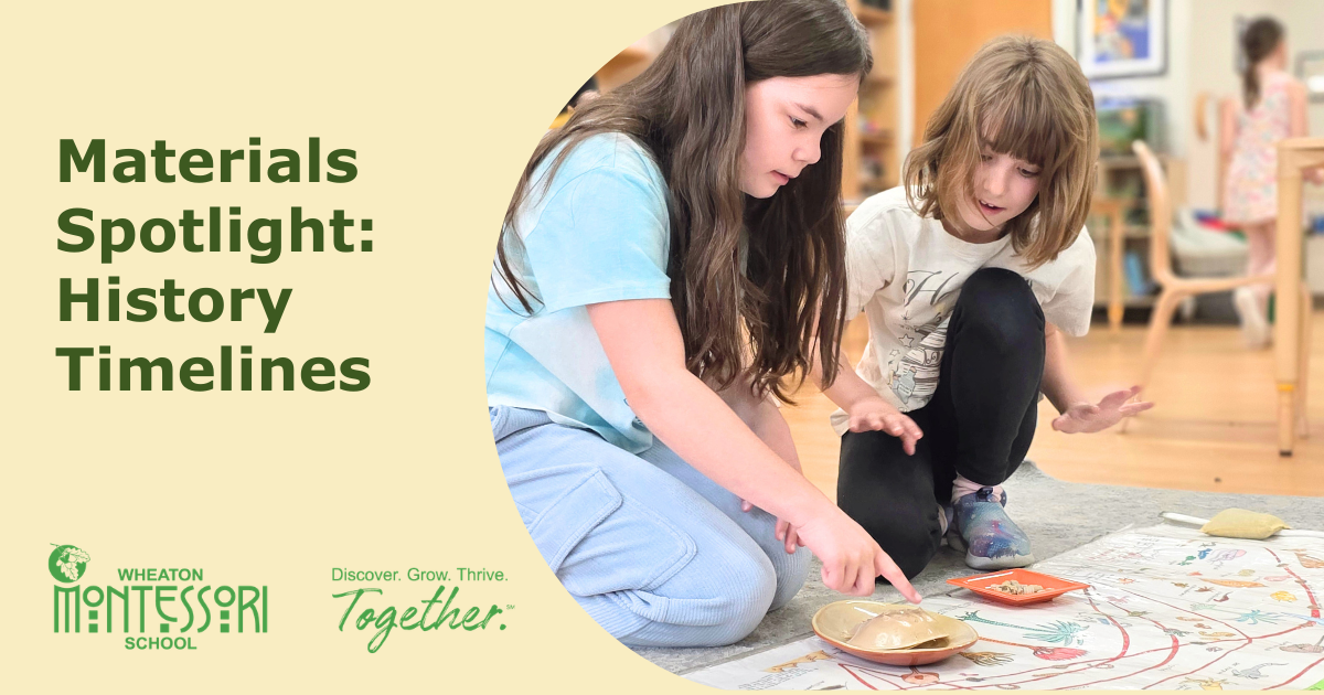 Two children kneeling on a floor map, exploring history timelines, with green “Materials Spotlight” text.
