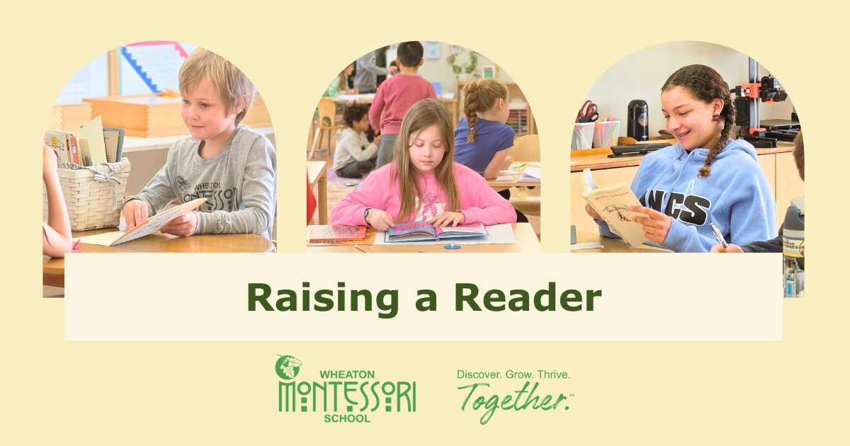 Three children engage in reading activities in a classroom, with text below reading, 