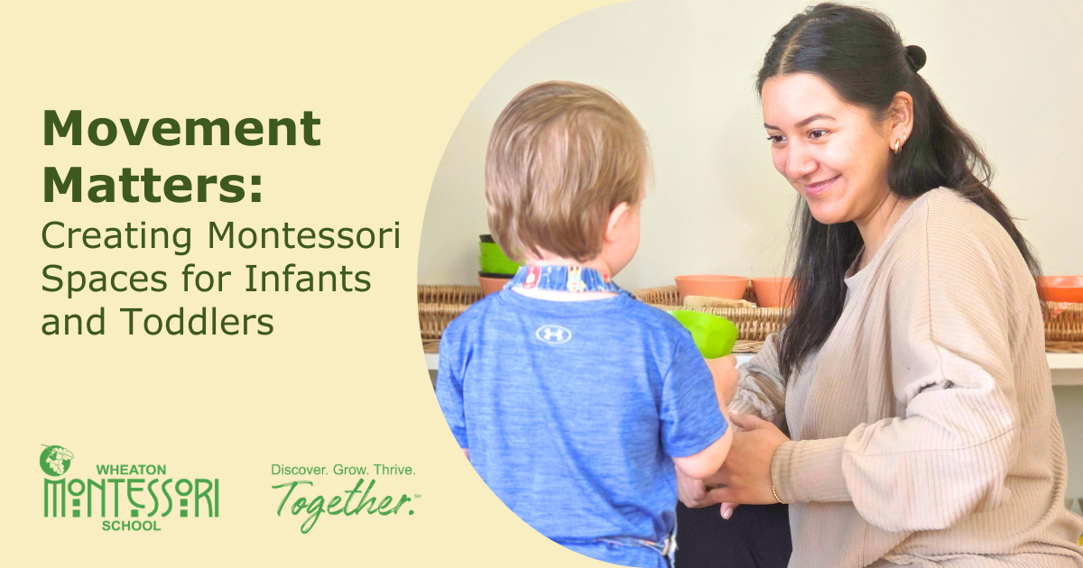 A Montessori teacher smiles at a young child in a classroom.