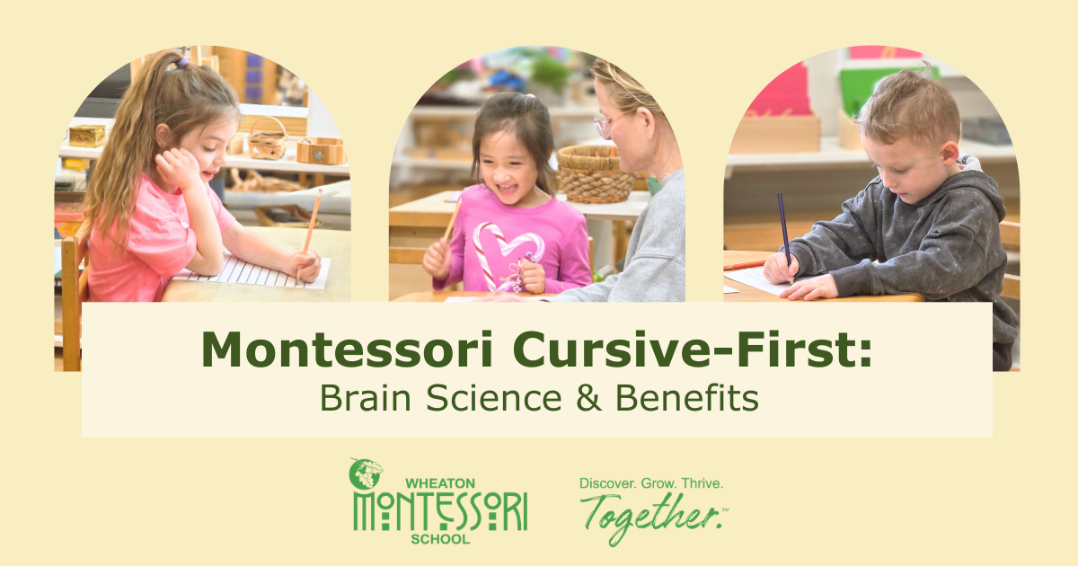 Montessori Cursive-First: Brain Science & Benefits banner with children writing at a table