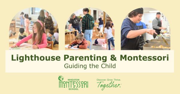 People in a classroom setting, the Lighthouse Parenting & Montessori with the guiding the child tag line below it.