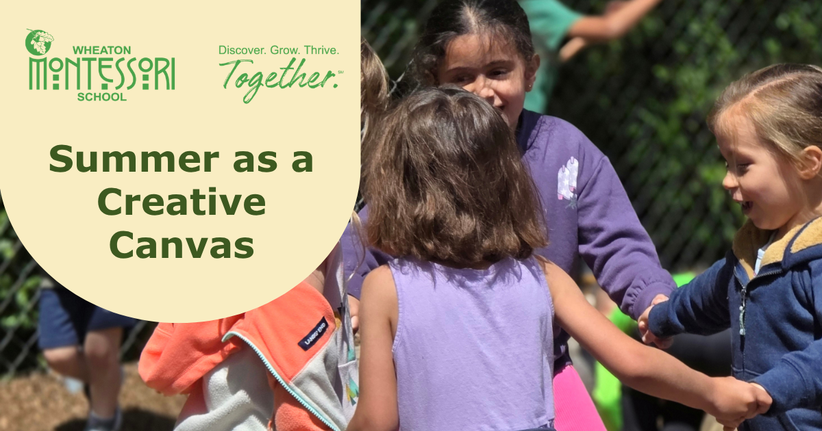 Children gathered outdoors around a colorful tie-dye activity, with text reading “Summer as a Creative Canvas.”