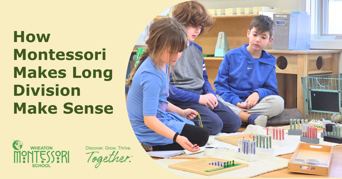 Three children learning long division with Montessori materials, in a classroom setting.