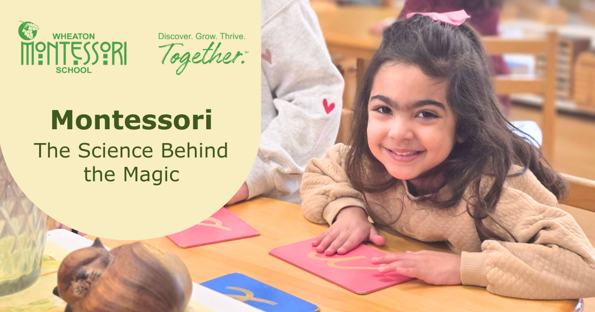 A child smiling at a table with Montessori learning materials, next to text about the science behind the Montessori method.