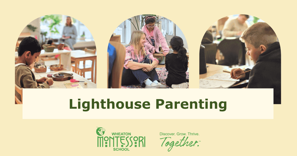 Children at tables, parents interacting, Montessori school setting. Title: Lighthouse Parenting.