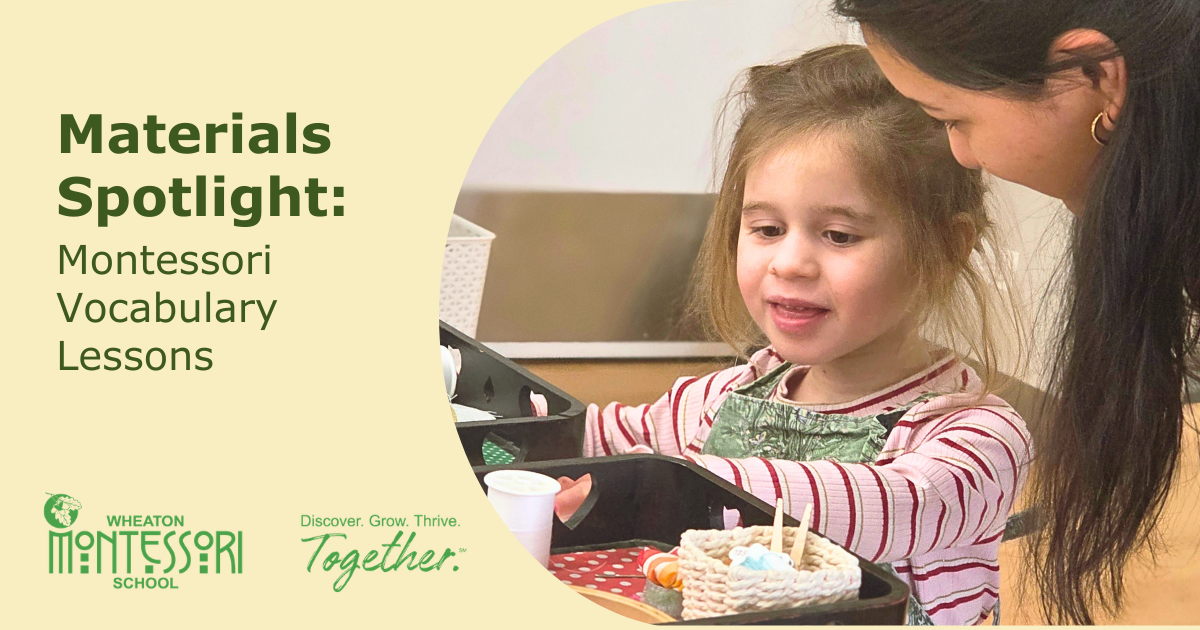 An adult guides a young child during a Montessori vocabulary lesson at a table with small baskets and materials.