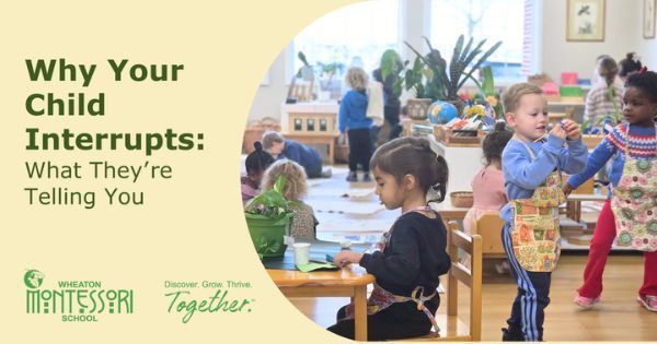 Children at tables in a Montessori classroom. Title: