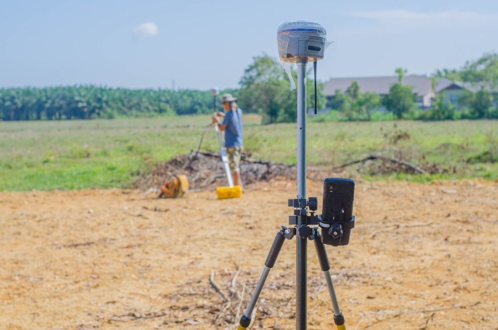 Survey Equipment on Tripod in a Field, With a Person Working — Coastal Surveying Group Pty Ltd In Sunshine Coast, QLD