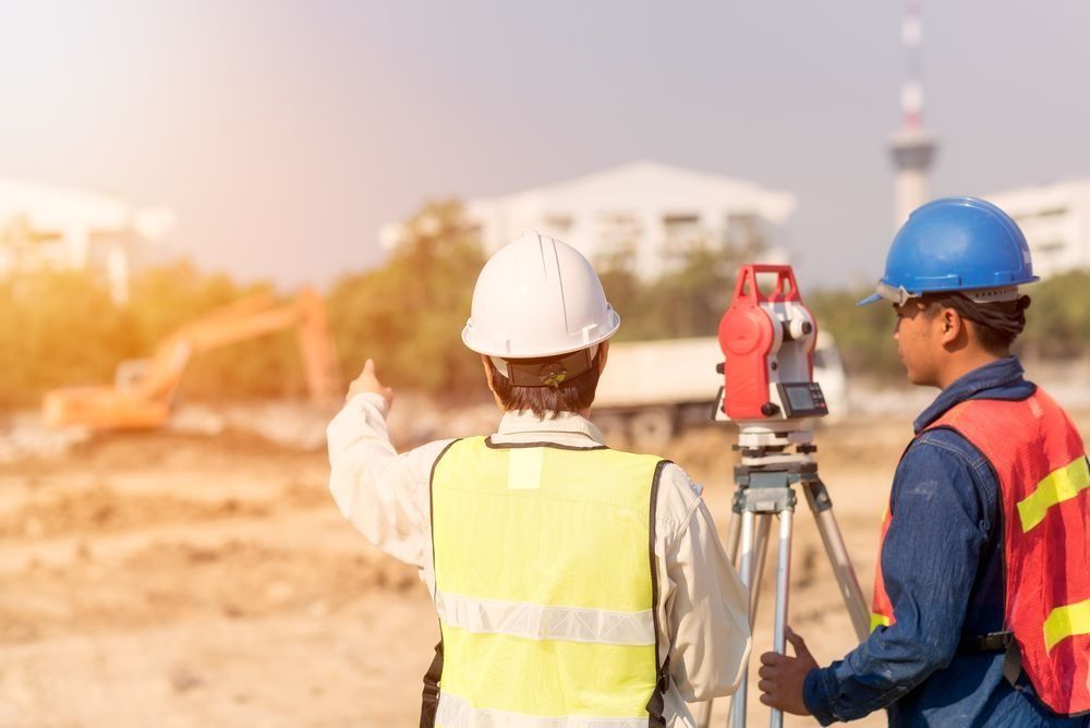 Two Construction Workers in Hard Hats Surveying a Site — Coastal Surveying Group Pty Ltd In Brisbane, QLD