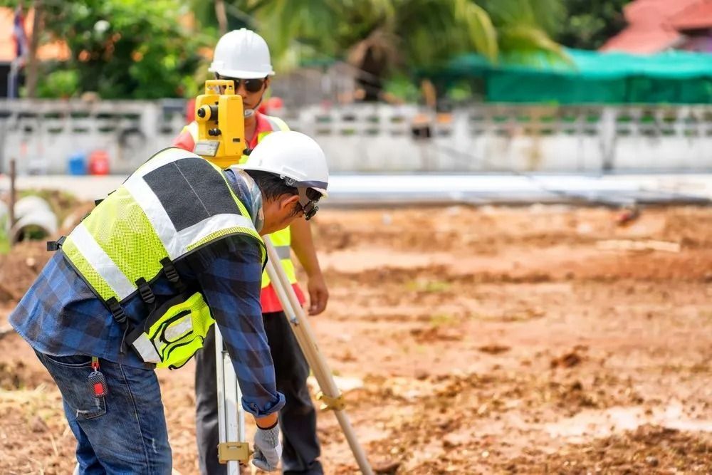 Construction Workers in Hard Hats Measuring Ground at a Building Site — Coastal Surveying Group Pty Ltd In Baringa, QLD