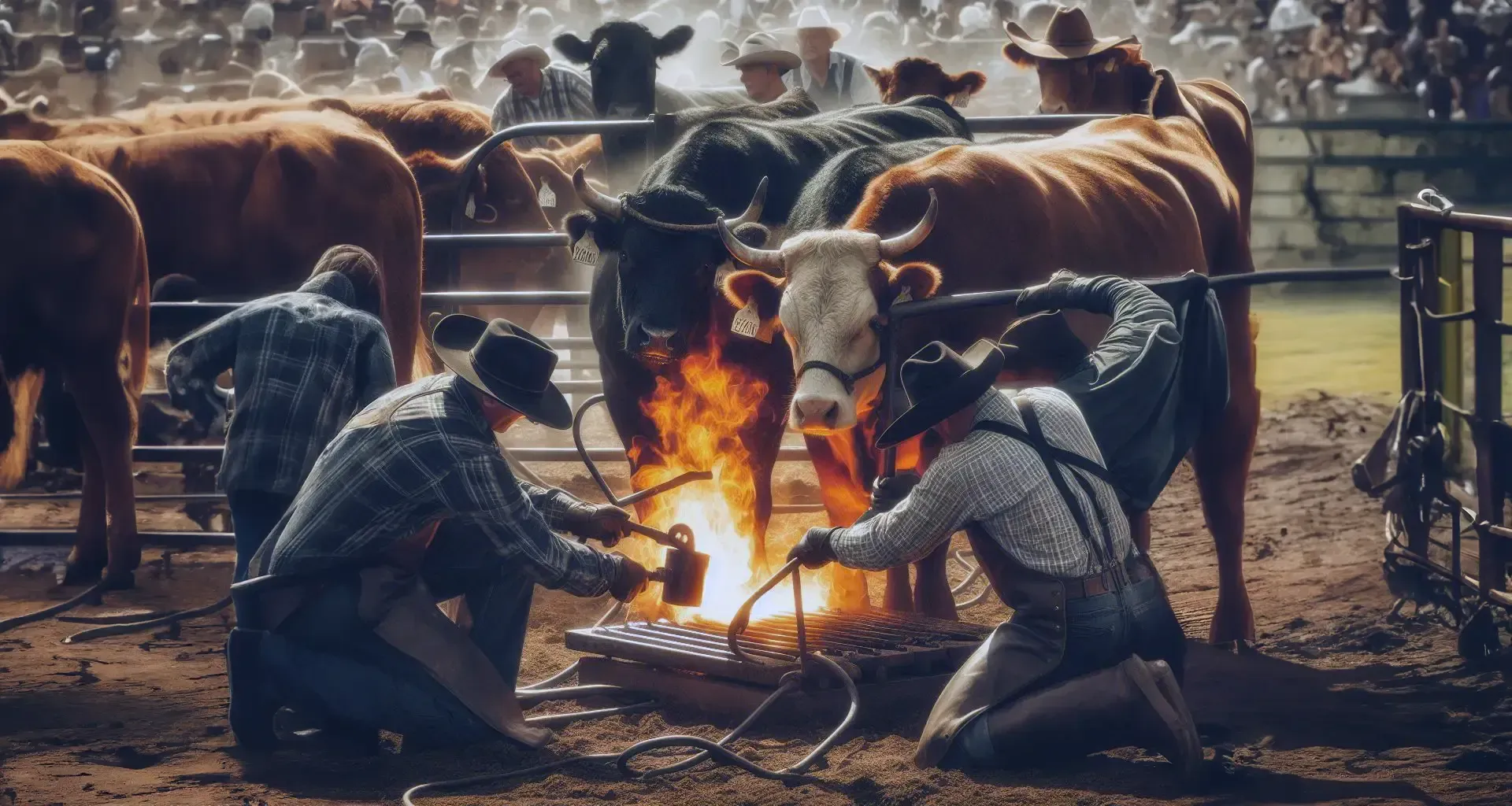 A group of cowboys are working on a bull in a fenced in area