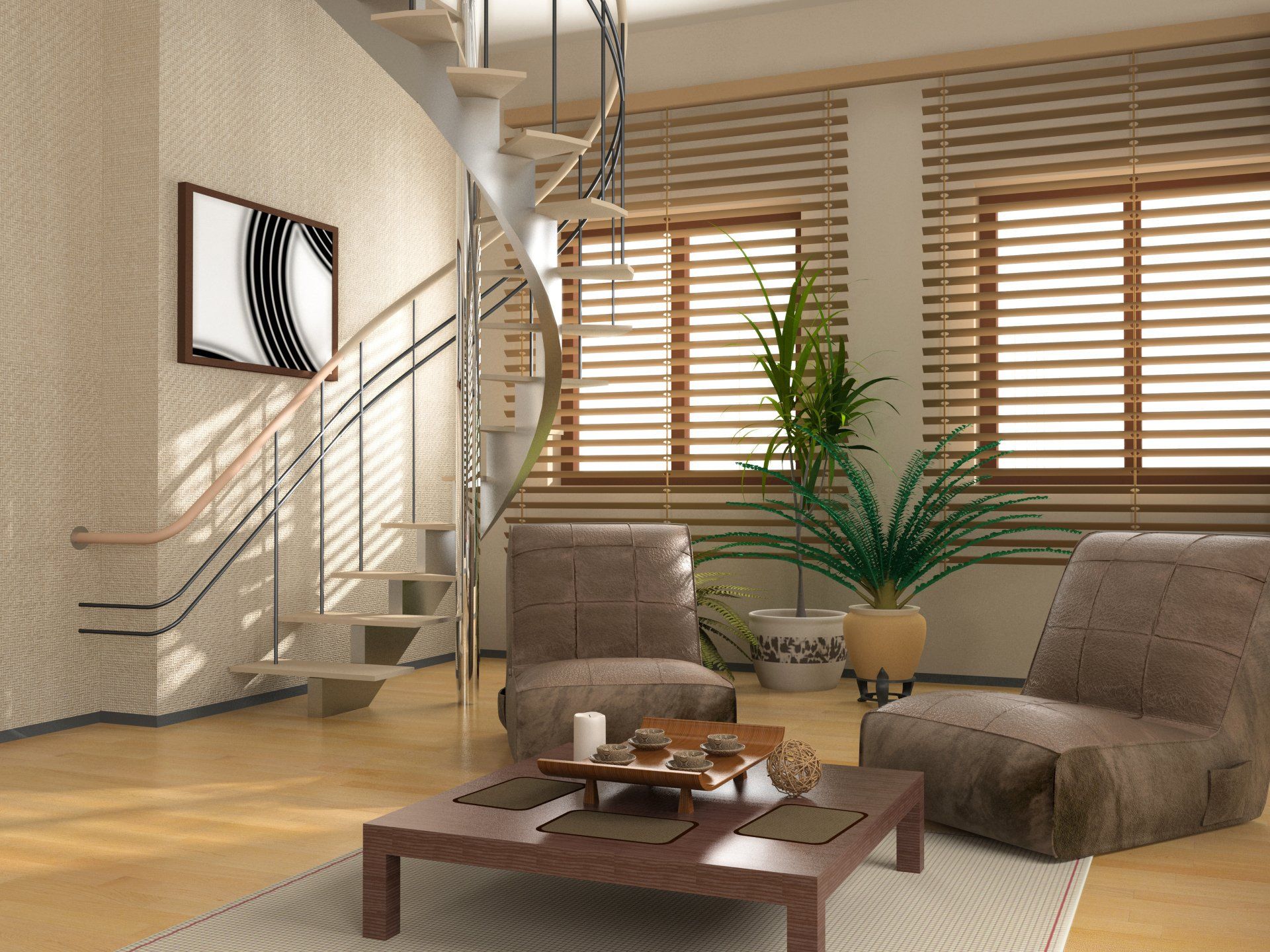 Timber venetian blinds open over windows of living room with comfy lounge chairs around coffee table, in front of potted plants. Spiral stairway leading upwards.