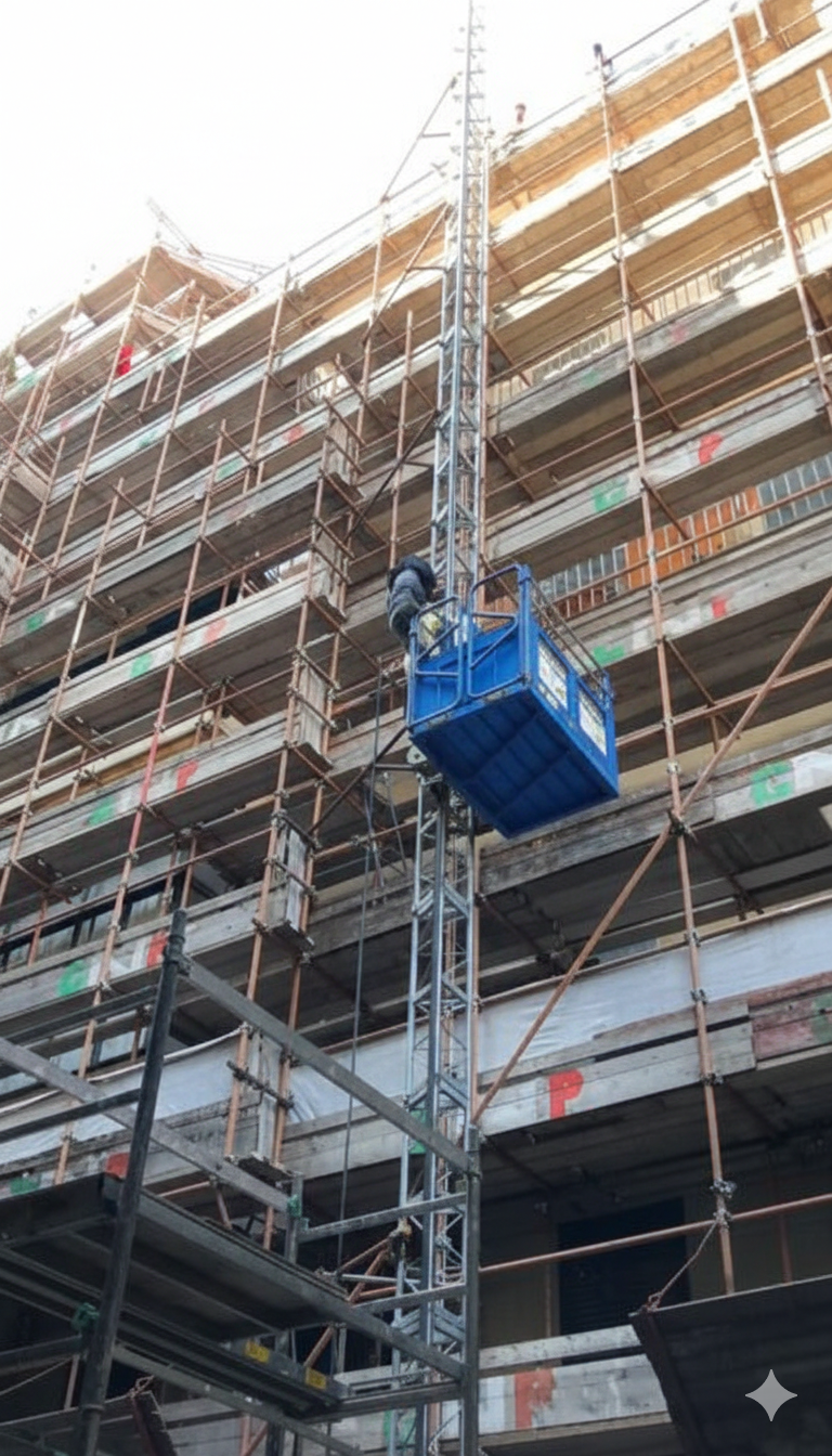 Cantiere edile con un paranco blu che trasporta una persona su un'alta impalcatura.