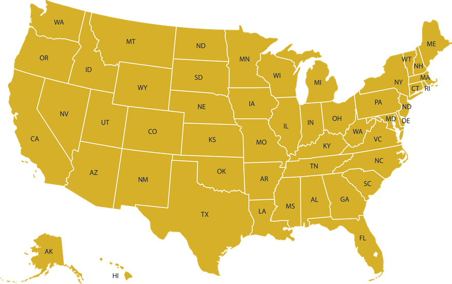 Map of the USA with all 50 States - gold with blue letters