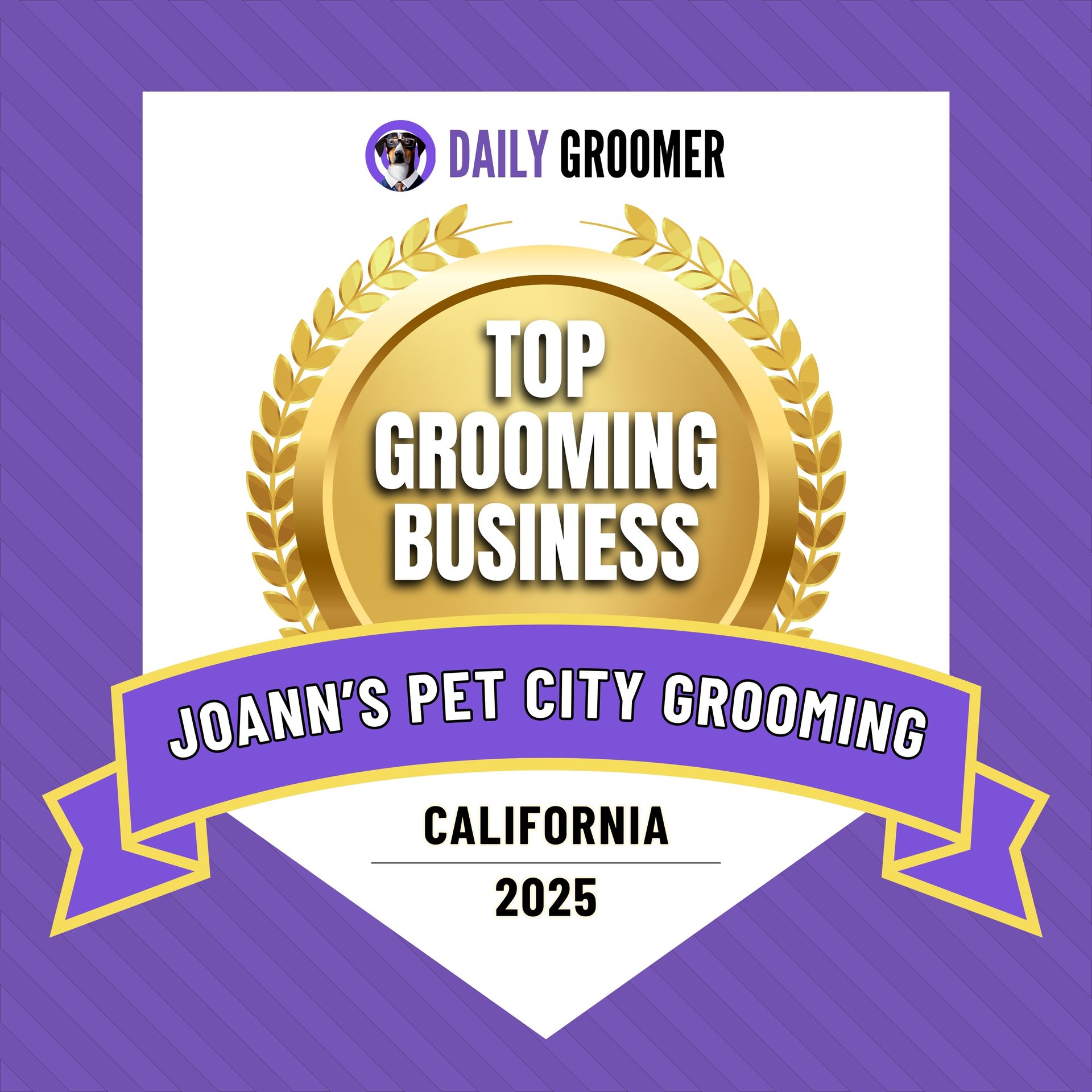 A logo for joann 's pet city grooming in california