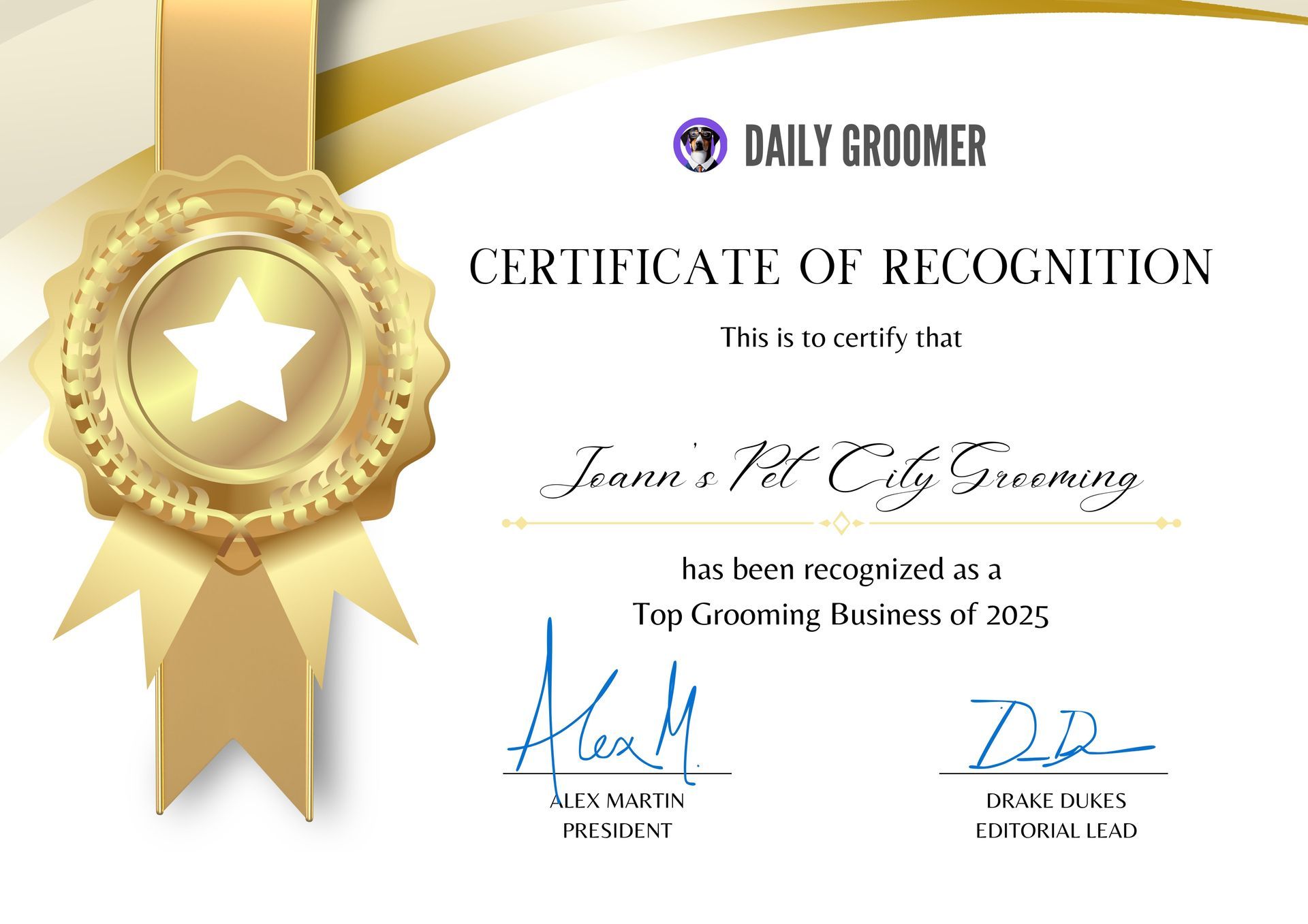 A certificate of recognition for a daily groomer