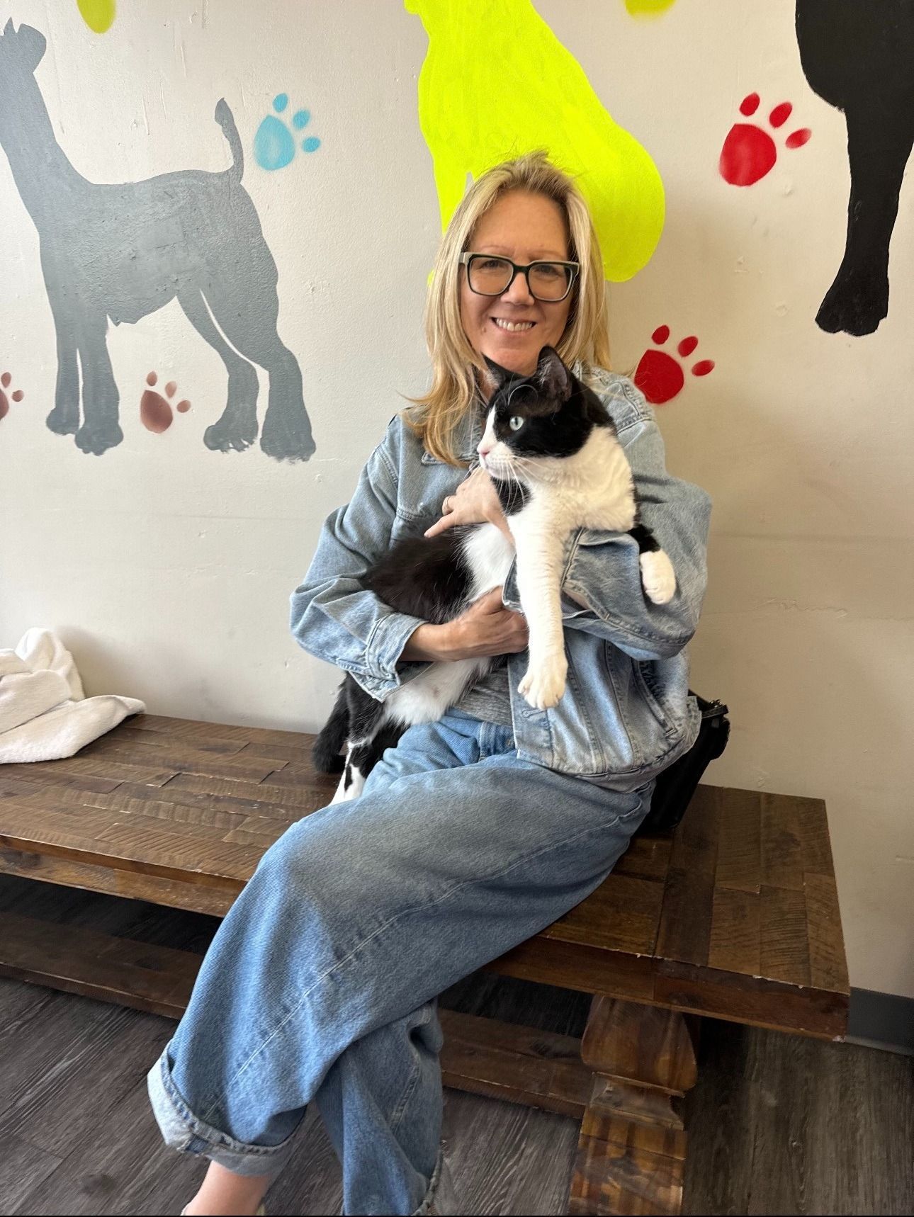 A woman is sitting on a bench holding a black and white cat.