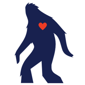 blue sasquatch strength mascot with red heart
