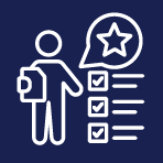 A man is holding a clipboard with a star in a speech bubble.