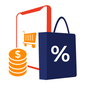cartoon tablet with an animated shopping cart on the screen with coins and a shopping bag