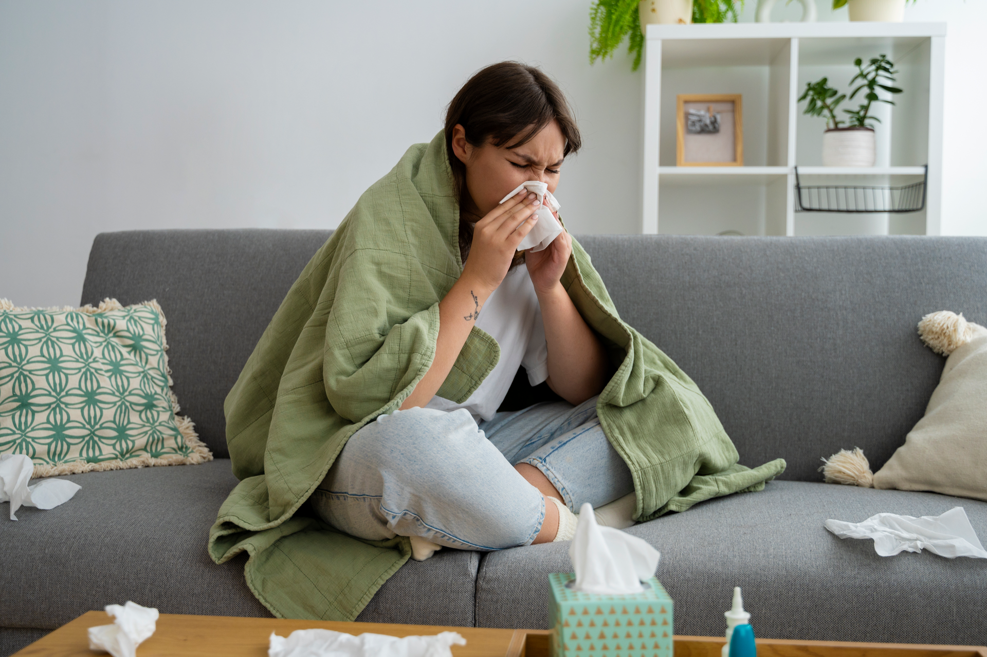 A woman covering her nose as she follows some flu season tips 