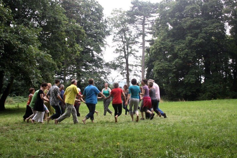 Twee vrouwen in een grasrijk park beoefenen Tai Chi. De een begeleidt de arm van de ander, terwijl ze allebei een geconcentreerde uitdrukking hebben en blauwe kleding dragen.