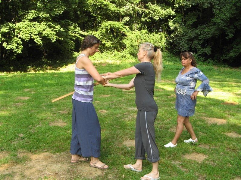 Twee vrouwen in een grasrijk park beoefenen Tai Chi. De een begeleidt de arm van de ander, terwijl ze allebei een geconcentreerde uitdrukking hebben en blauwe kleding dragen.
