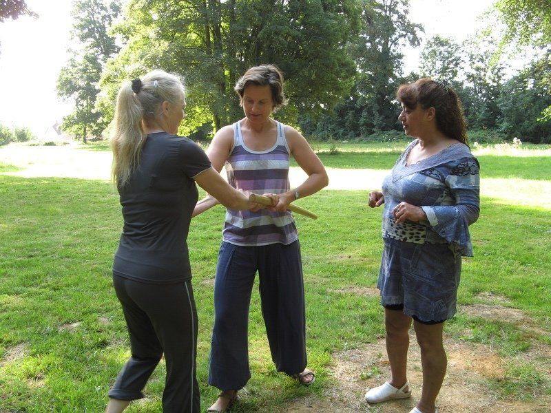 Twee vrouwen in een grasrijk park beoefenen Tai Chi. De een begeleidt de arm van de ander, terwijl ze allebei een geconcentreerde uitdrukking hebben en blauwe kleding dragen.