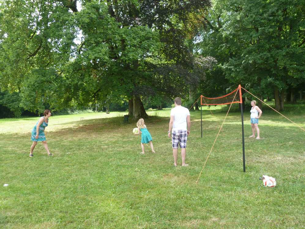 Een groep mensen speelt volleybal in een park