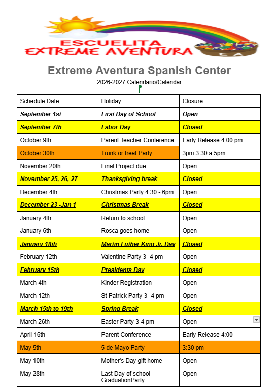 Spanish school holiday schedule poster with colorful sun and rainbow logo, listing dates and class closures/openings.