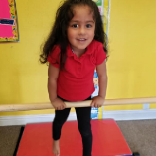 A Little Girl in a Red Shirt is Holding a Wooden Bar