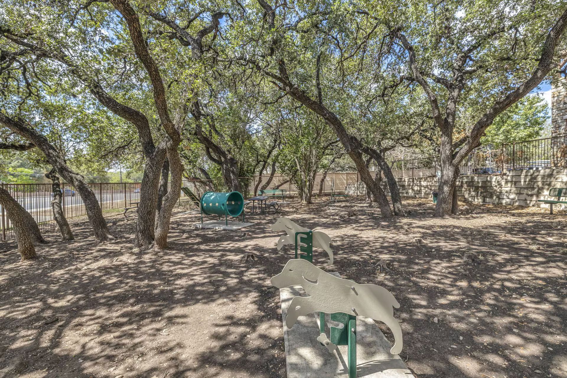 Dog park with trees, benches, and a play tunnel. Brown ground, green foliage, sunny.