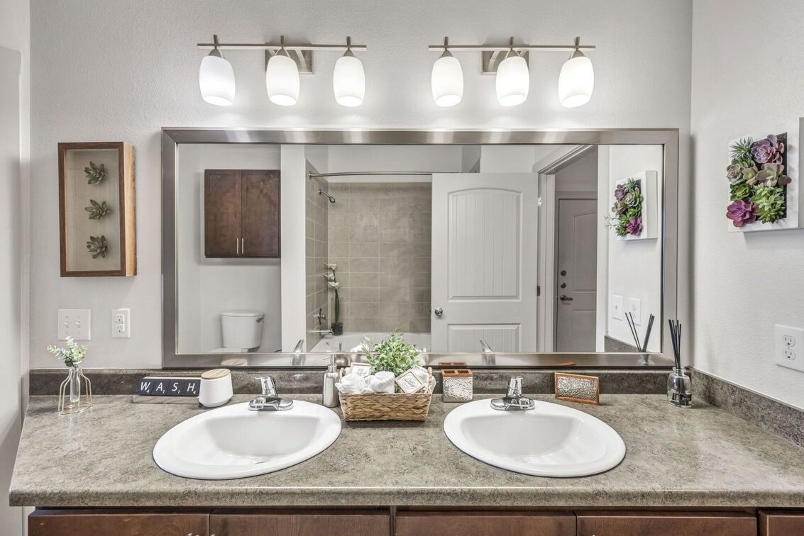 Double bathroom vanity with sinks, mirror, lighting, and decor.