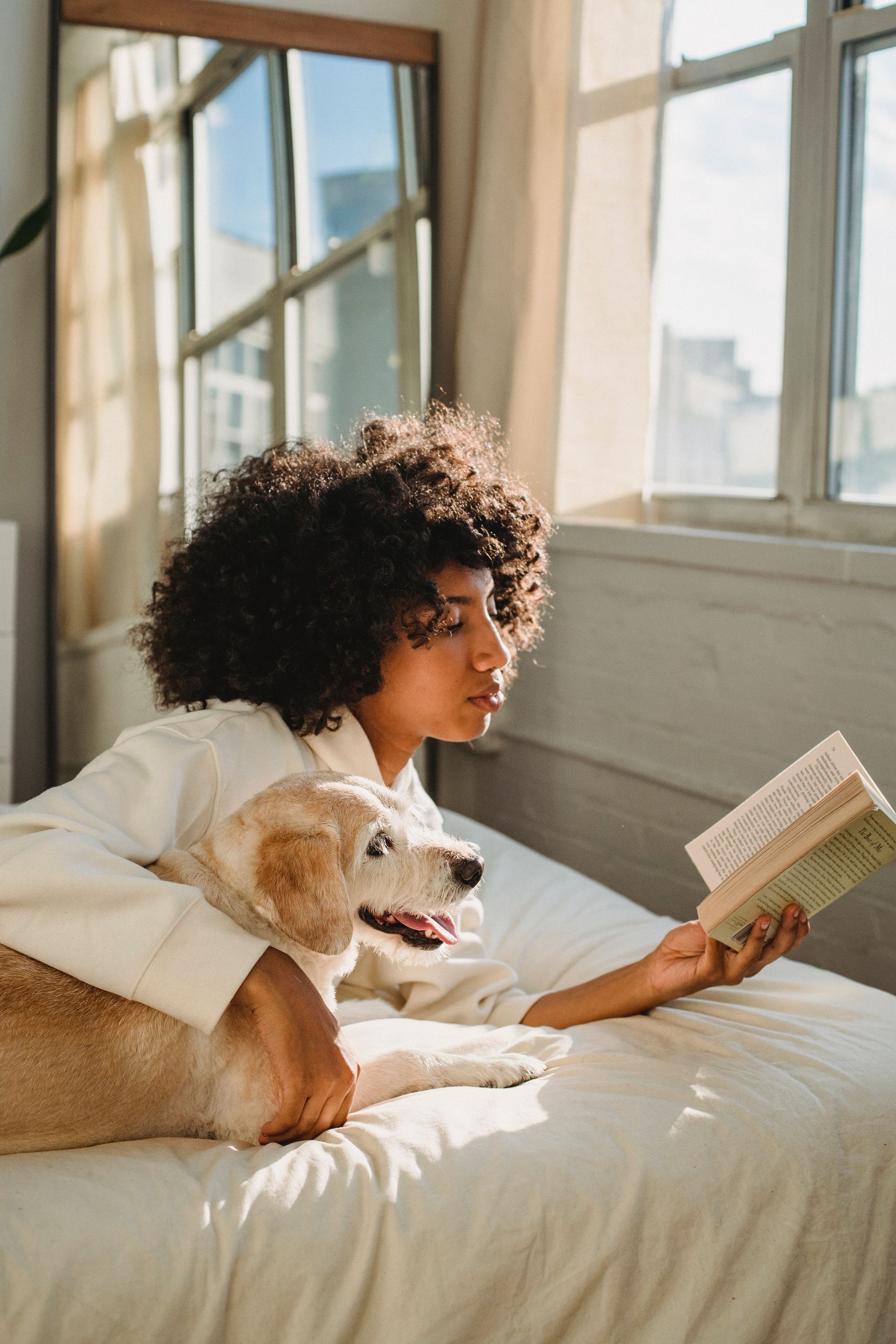 Woman with curly hair and a dog read a book in bed near a window.