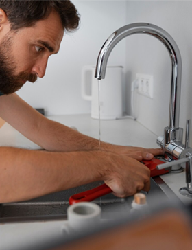 Man using a wrench to fix a kitchen faucet, water dripping.
