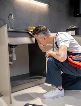 Plumber kneeling under kitchen sink, inspecting pipes. He wears a white shirt, blue pants, and sneakers.