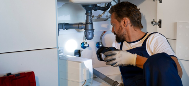 Plumber inspecting pipes under a sink with a flashlight, wearing gloves and overalls.
