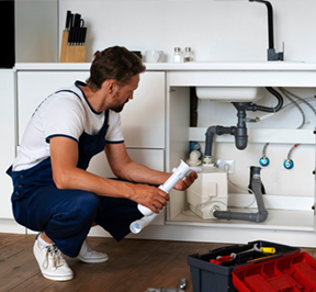 Plumber fixing pipes under a kitchen sink, holding a piece of pipe with tools in a toolbox.