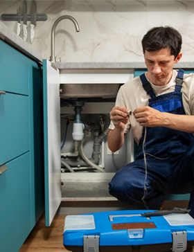 Plumber kneeling under a kitchen sink, working on pipes. He wears blue overalls, a toolbox nearby.