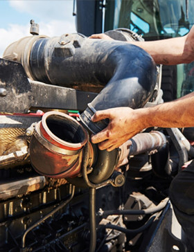 Mechanic's hands working on a large engine, connecting a black curved pipe.