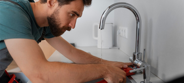 Man fixing a kitchen faucet with tools. Water flows.