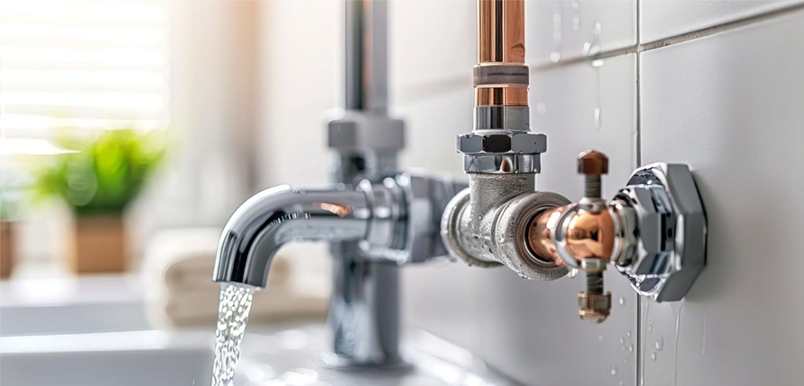 Chrome faucet with water running, close-up. Copper piping, white tile background, and a sink.