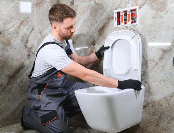 Man in work clothes installing a white wall-mounted toilet in a modern bathroom with marble-look tiles.