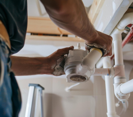 Plumber installing white plumbing pipes under a sink in a partially built bathroom.