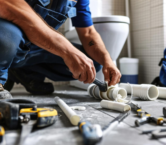 Plumber in blue overalls working on plumbing in a bathroom, surrounded by tools.