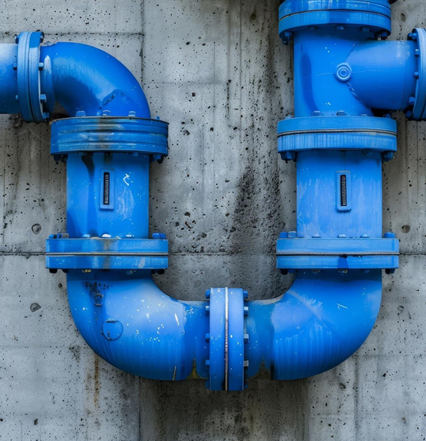 Blue metal pipes against a concrete wall, forming a U-shape.